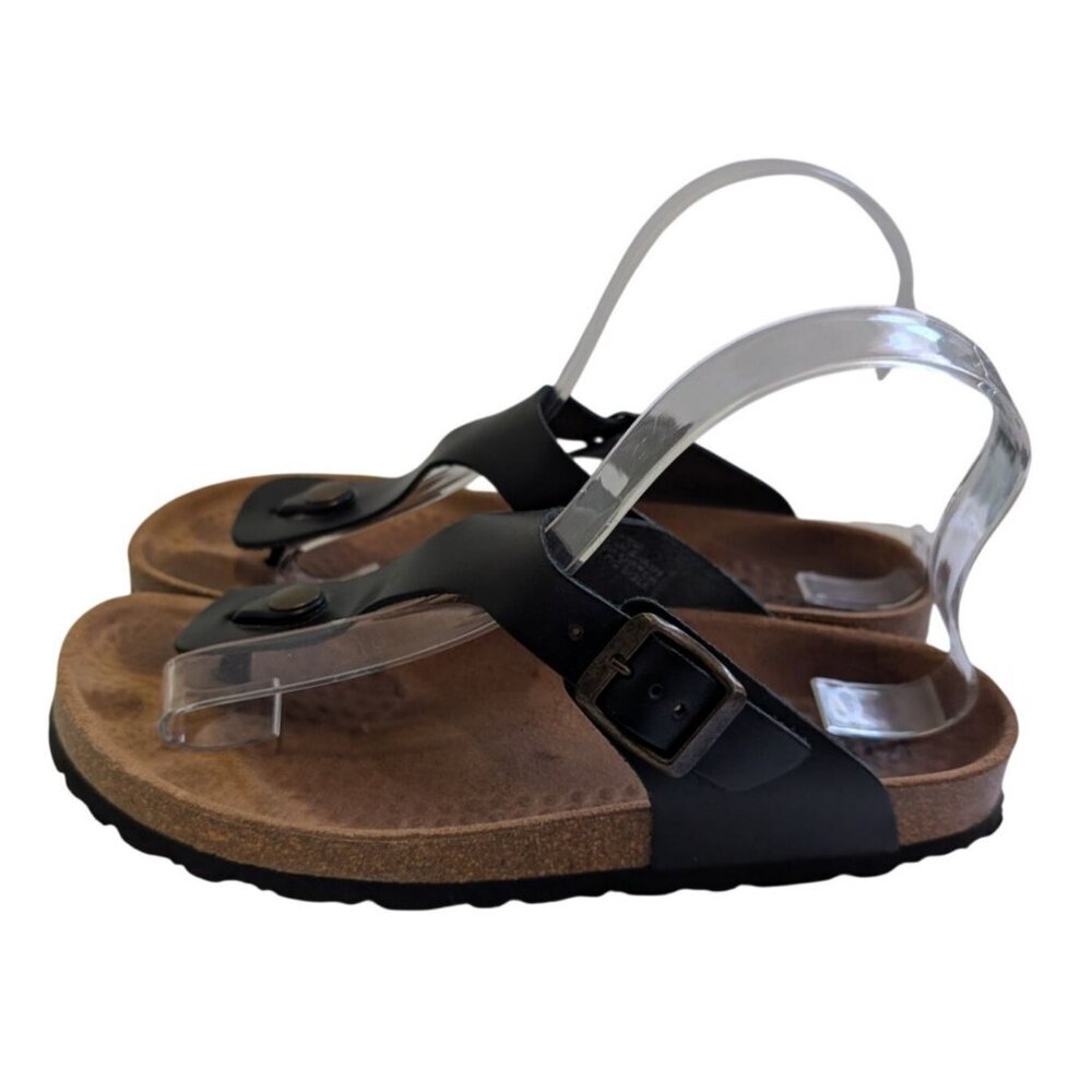 BioStep Black Leather Thong Sandals Women's Size 7.5 Cork Footbed Made in Spain